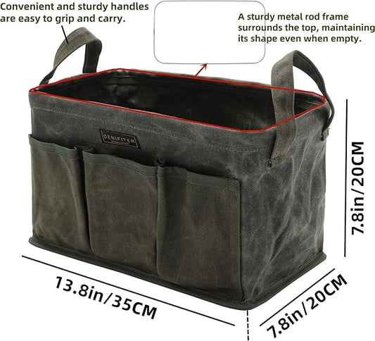 Tool Bag for Organizing, Waxed Canvas Wide Open Top Tool Tote Bag with 6 External Pockets, 13.8 x 7.8 x 7.8 Inches 3-Pack (ArmyGreen)