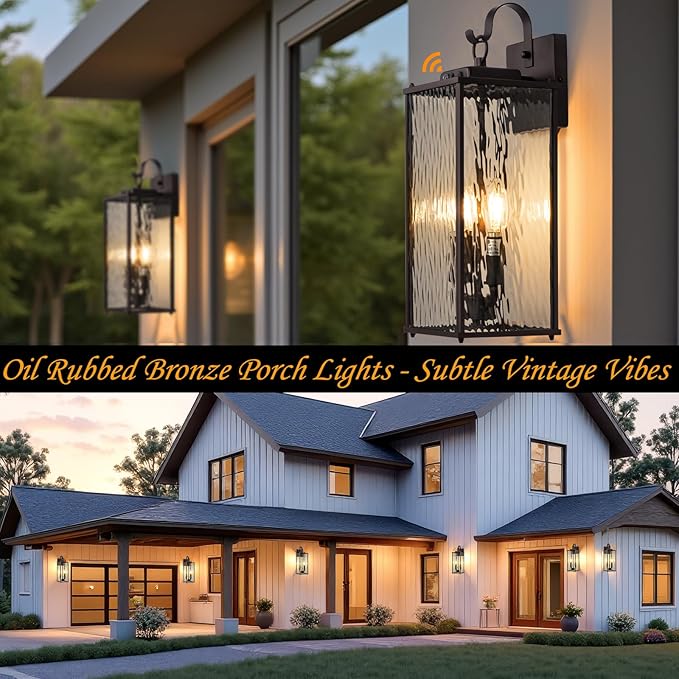 Oil Rubbed Bronze Dusk to Dawn Outdoor Light Fixture 18”, 2-Light Candelabra Photocell Porch Light with Water Ripple Glass Large Brown Outside Wall Light for House Wall Mounted Lamp, E12