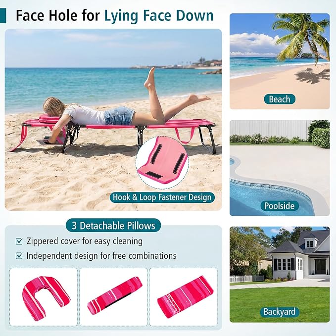 GYMAX Tanning Chair, Folding Lounge Chairs with Face Hole & Cover, Removable Pillow Carry Handle, Portable Compact Outdoor Layout Recliner for Beach, Poolside, Lawn, Patio, Camping (Pink Stripe,1)