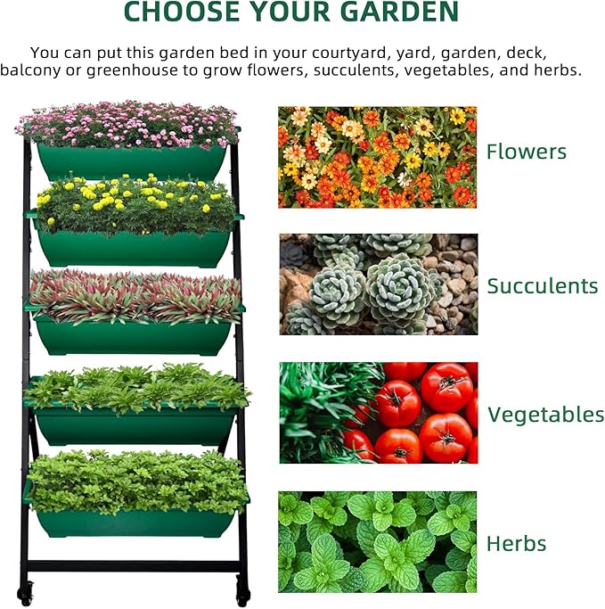 4FT Vertical Raised Garden Bed 5 Tier Planter Box with Wheels, to Grow Flowers, Vegetables, Herbs, on Your Patio Balcony Greenhouse for Outdoor and Indoor Gardening