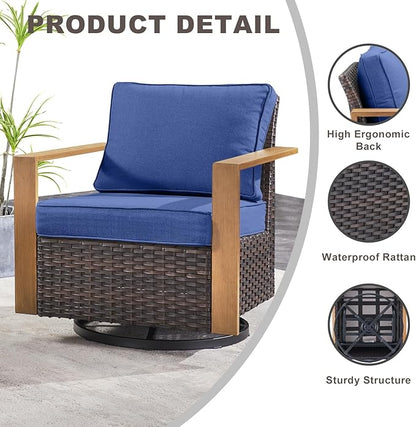 Rilyson Outdoor Patio Swivel Rocker Chairs - Wicker Rattan Patio Swivel Rocking Chairs Set of 2 with Metal Wide Armrest, Thick Cushions and Deep Seating for Deck Porch Sunroom Garden(Brown/Blue)