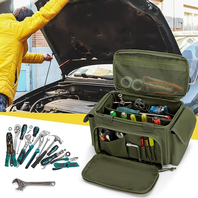 Rexmica Small Tool Bag with Anti-friction and Thick Padded Bottom, Tool Storage Organizer for Men, Tactical Range Bag, Multi-functional Work Bag for Repairman, Electrician, Carpenters (Green)