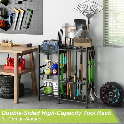 keomaisyto Garden Tool Organizer With Basket - 3 Tier Yard Storage Rack for Garage Organization, Heavy Duty Holder With 35 Long-Handled Slots for Shed, Yard, Garage