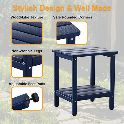Outdoor Side Table, 17.7-Inch Small Patio Side Table with Adjustable Feet, All-Weather HDPE Adirondack Table for Porch Deck Balcony Pool, Easy Maintenance, Navy Blue