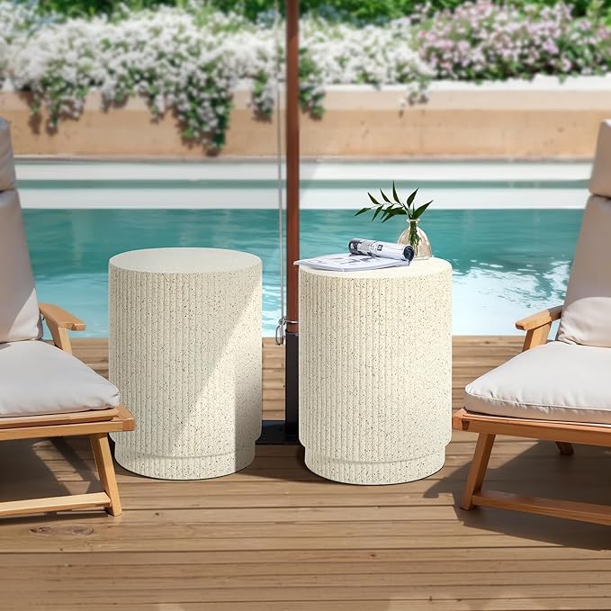 LuxenHome Cream Cement Round Outdoor Side Table, Set of 2