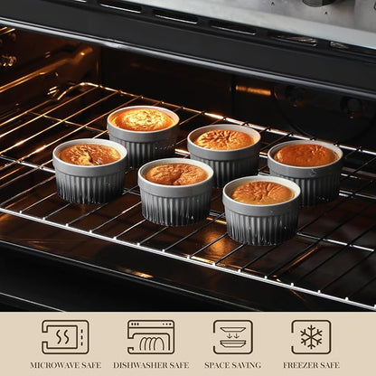 MALACASA Ramekins 6 oz Oven Safe, Small Ceramic Souffle Dishes for Creme Brulee Souffle, Stoneware Custard Cups Ramiken for Baking, Dessert Bowls Dipping Sauce Dish Set of 6, Grey, Series RAMEKIN-DISH