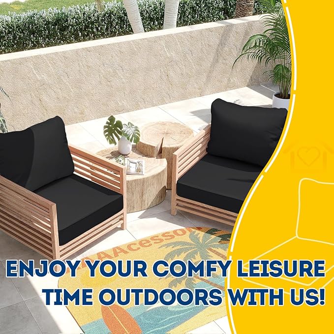 AAAAAcessories Outdoor Seat Cushions for Chairs, Fade-Resistant, Waterproof Patio Furniture Replacement Cushions, 23.5" x 25.5" x 5" + 23.5" x 19", Charcoal Black