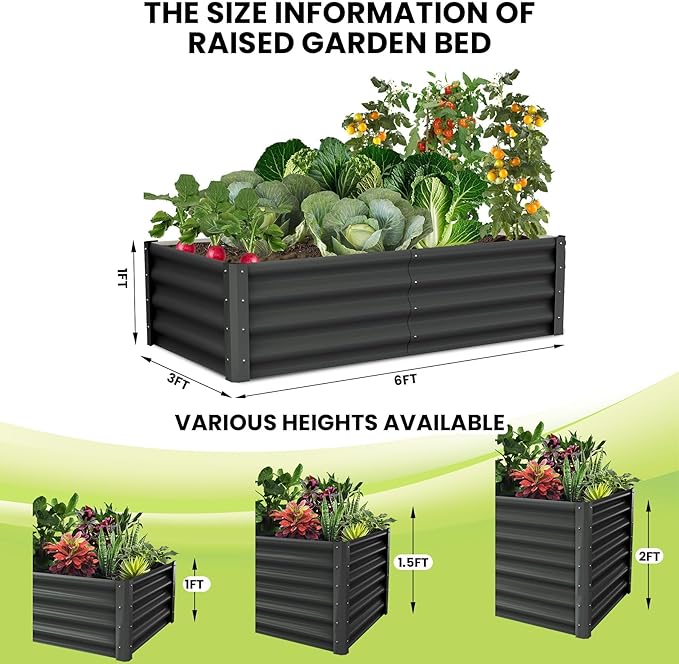 GarveeHome 6 * 3 * 1FT Raised Garden Bed Kit, Galvanized Raised Garden Beds Outdoor for Gardening, Above Planter Boxes, Large Garden Bed for Vegetables, Fruits, Dark Grey, 2 Pcs