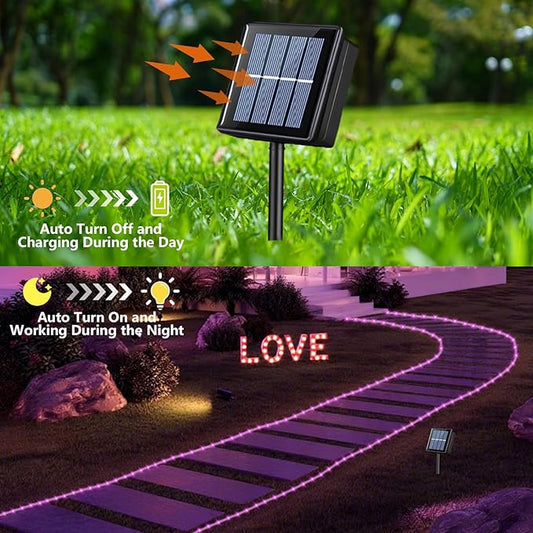 YEGUO Solar Christmas Lights Outdoor Waterproof, 2 Packs Each 33ft 100 LED Rope Lights, 8 Modes Fairy String Lights in Clear Thin Tube for Camping Fence Patio Garden Trampoline Deck(Pink)