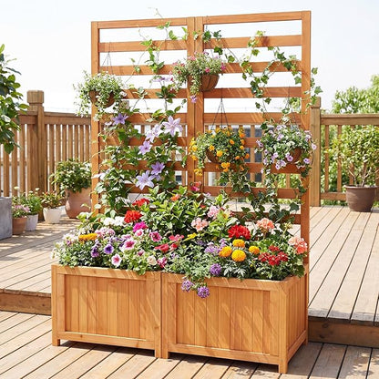 Giantex Wood Raised Garden Bed with Trellis, Outdoor Planter Box for Vines Flowers Vegetables, Herbs, Freestanding Plant Container Privacy Planters for Porch, Patio, Backyard