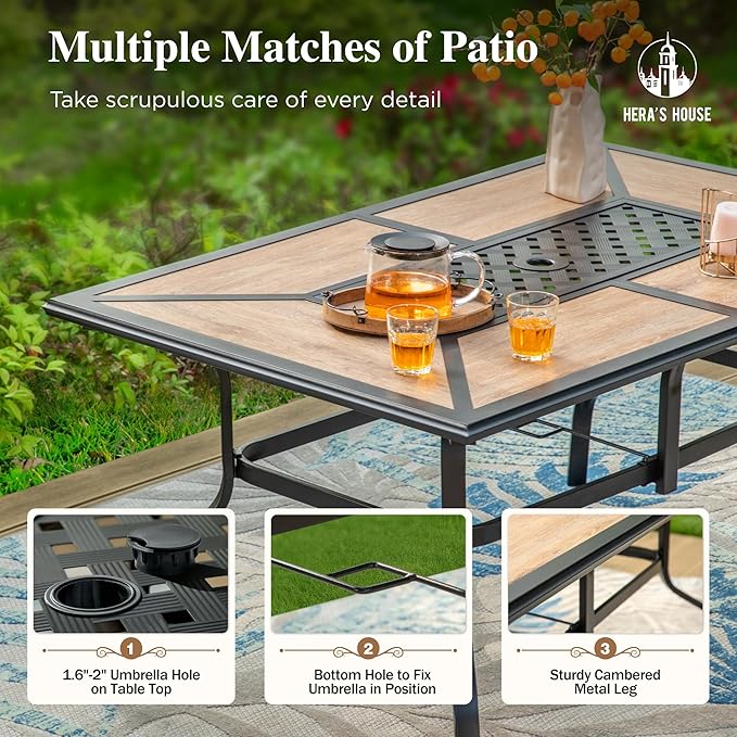 HERA'S HOUSE Patio Table and Chairs Set, 61" Rectangular Table with Umbrella Hole, 7 Pieces Outdoor Dining Furniture Sets with 6 Patio Chairs for Backyard Lawn Garden Porch(Blue)