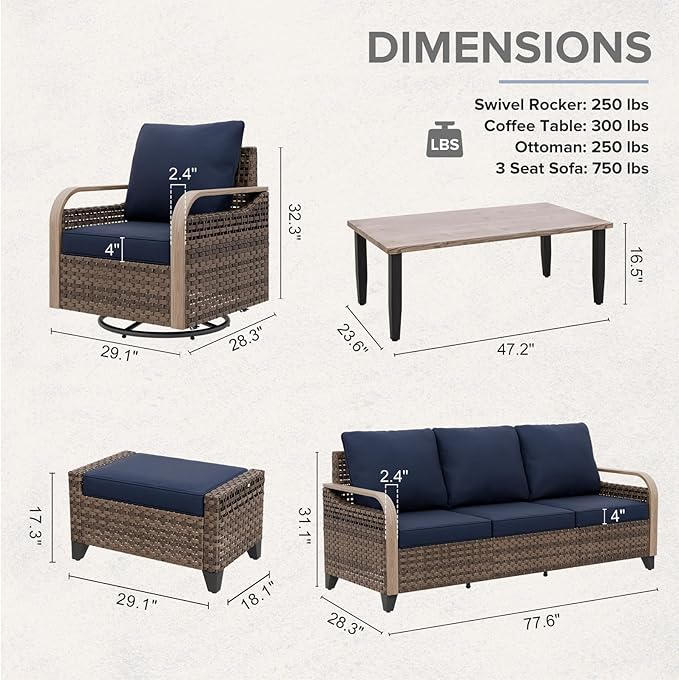 COOS BAY Modern Wicker Outdoor Furniture Set, Patio Conversation Set with Swivel Rockers, 3 Seat Couch, Ottomans, and Coffee Table, 6 Piece, Brown/Blue