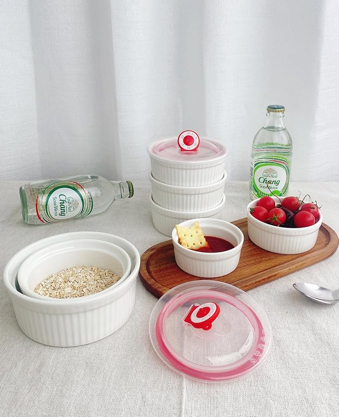 Ramekins 16 oz Oven Safe, Creme Brulee Ramekins with Lids, White Ceramic Souffle Dishes Ramekin, Mini Baking Bowls with Cover Set of 4, Ramekin Assorted Sizes - Dishwasher and Oven Safe, Fathers Day Gift