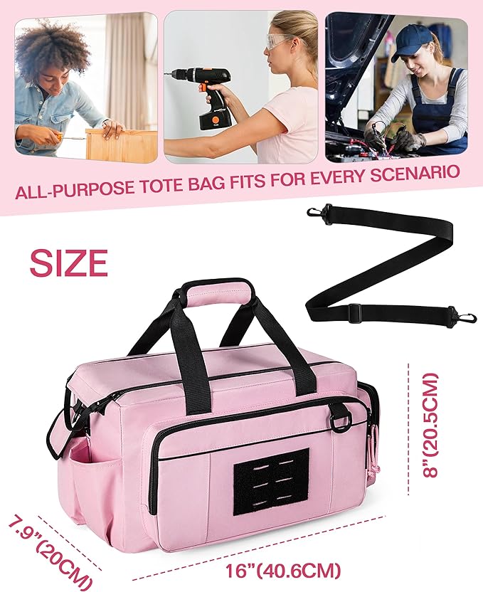 Tactical Tool Bag for Women, 16 Inches Tool Storage Organizer Box with Wide Mouth, Large Toolbag Toolbox with Handle, Pink (Empty Bag Only)