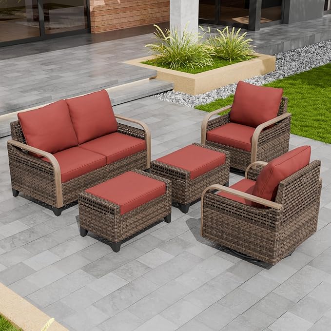 Modern Wicker Patio Furniture Set, Rattan Outdoor Conversation Set with Comfortable Cushions, 2 Swivel Rocking Chairs, 2 Seat Loveseat and 2 Ottomans, 5 Pieces, Brown/Red