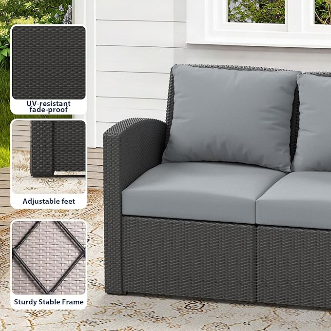 4 Piece Patio Furniture Set,Outside Rattan Sectional Sofa,Wicker Conversation Set with Cushion and Glass Coffee Table,Wicker Sofa Ideal for Garden,Porch,Grey