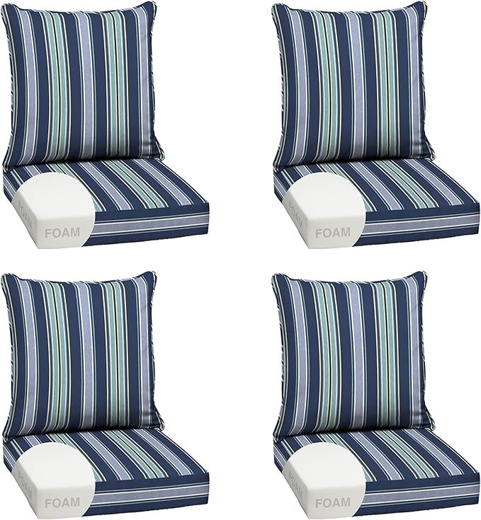 Arden Outdoor Foam Deep Seat Cushion Set (4-Pack), 24x24, Premium High-Density Foam, Never Flattens, Weather-Proof for Patio Chair Sofa Couch, Sapphire Aurora Blue Stripe