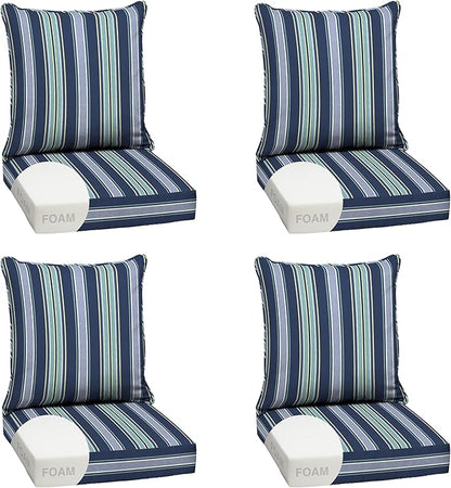 Arden Outdoor Foam Deep Seat Cushion Set (4-Pack), 24x24, Premium High-Density Foam, Never Flattens, Weather-Proof for Patio Chair Sofa Couch, Sapphire Aurora Blue Stripe