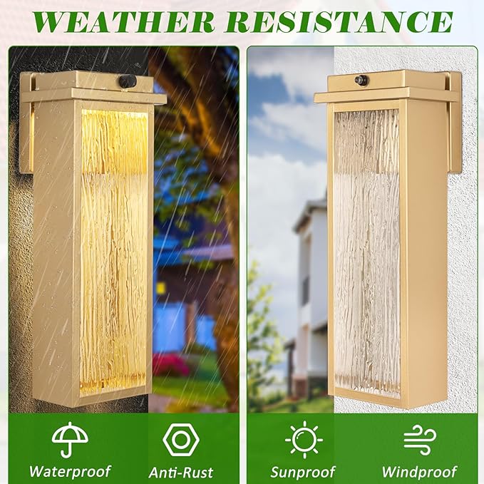 16" Dusk to Dawn LED Outdoor Light 2 Packs, Gold Outside Porch Lights Wall Mount, Large Exterior Lighting Fixtures with Rippled Glass, Waterproof Modern Wall Lantern for House, Patio