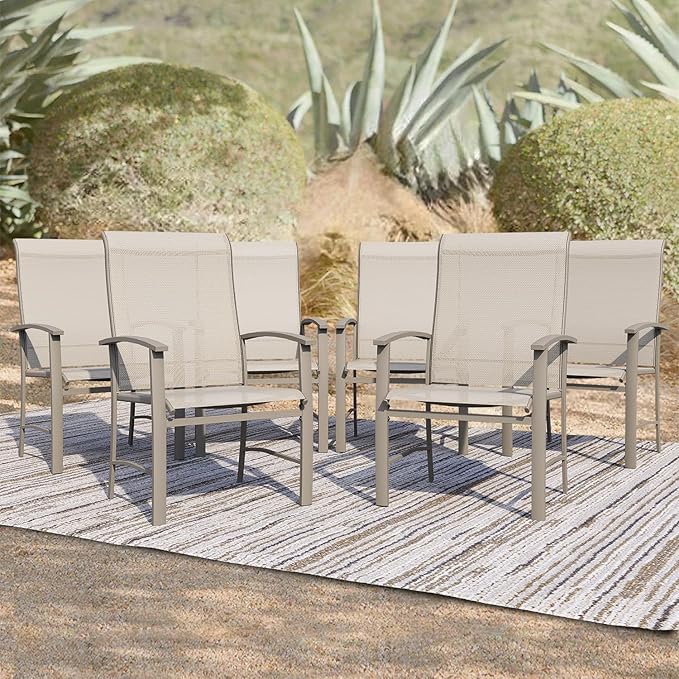 Patio Dining Chairs Set of 6, Outdoor Dining Chairs with High Back, Metal Outdoor Chair Set with Comfort and Durability, Patio Chair for Deck Lawn Kitchen Garden Backyard, Ivory