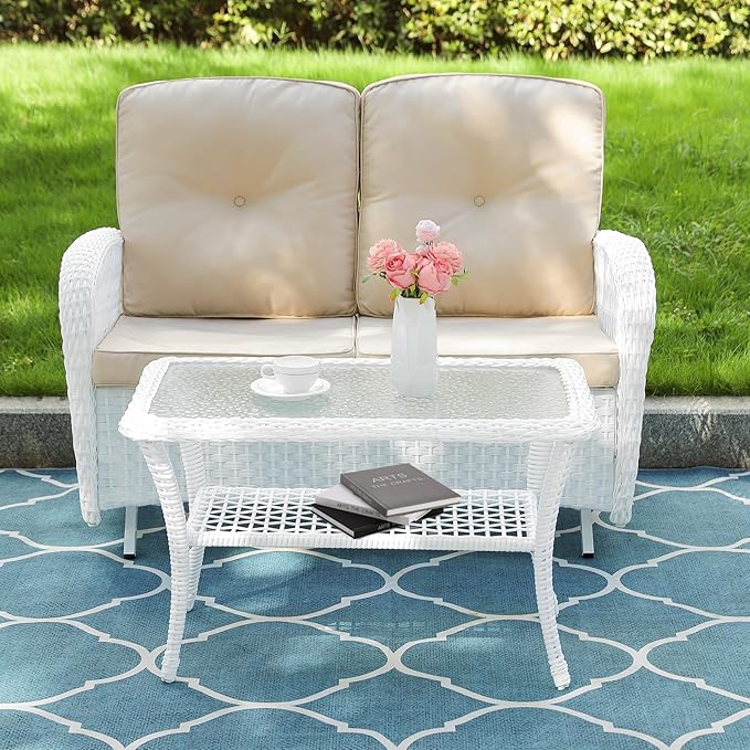VIVIJASON Outdoor Wicker Coffee Table, All-Weather Rattan Patio Coffee Table with 2-Tier Storage, Tempered Glass Top Rectangle Center Table for Deck, Garden, Balcony, Porch, Indoor or Outdoor Use