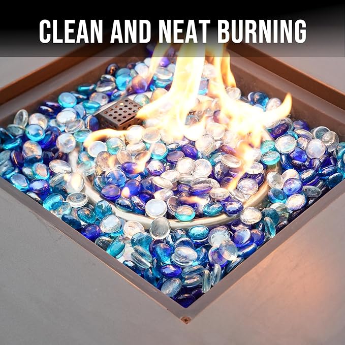 Skyflame 10-Pound Blended Fire Glass Beads for Fire Pit Fireplace Landscaping, 1/2-Inch Cobalt Blue, Crystal Ice, Caribbean Blue Luster