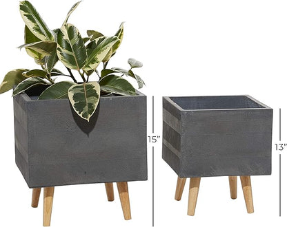 Deco 79 Set of 2 Grey Polystone Contemporary Planter 13, 15 Inches