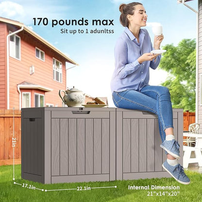 30 Gallon Deck Box, Waterproof Resin Outdoor Storage Box Lockable for Patio Furniture, Fade Resistant Patio Side Table & Organizer for Garden Tools, Pool Floats, Outdoor Cushions, Light Coffee