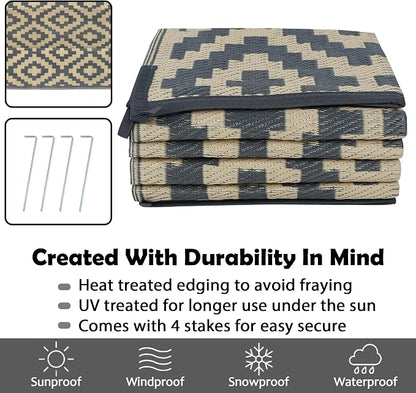 SAND MINE Reversible Mats, Plastic Straw Rug, Modern Area Rug, Large Floor Mat and Rug for Outdoors, RV, Patio, Backyard, Deck, Picnic, Beach, Trailer, Camping (8' x 10', Grey Tan Lattice)