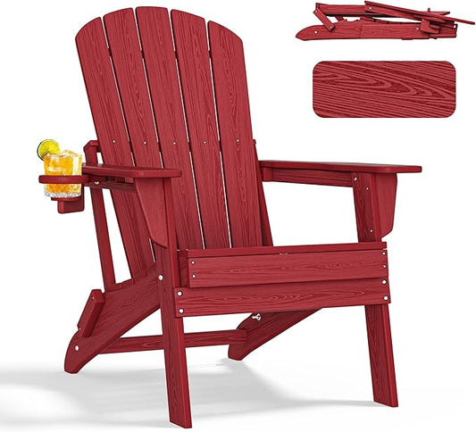 nevilywood Folding Adirondack Chair with Cup Holder,HDPE All-Weather Patio Chairs,Plastic Outdoor Chairs- Looks Exactly Like Real Wood-Red