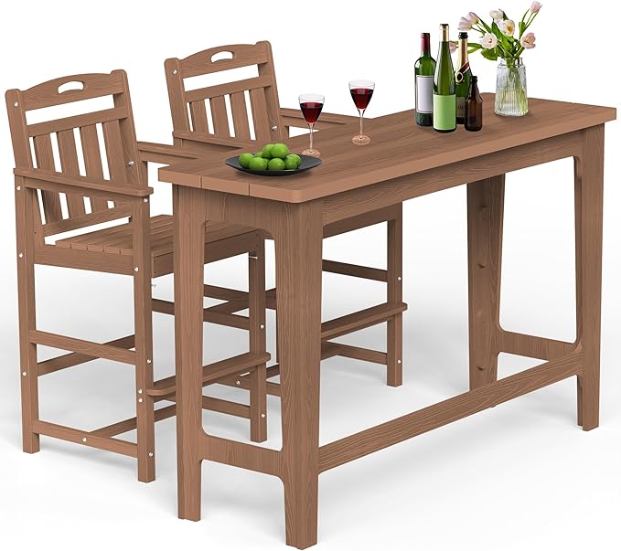 Ciokea Heavy-Duty Outdoor Bar Set, Rectangle High Top Table and 2 Oversized Adirondack Chairs Set, HDPE Modern Patio Bar Set for Outside Bistro Backyard Balcony Deck Outside, Teak