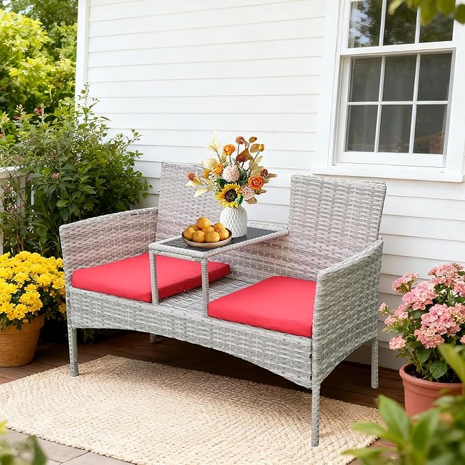 Outdoor Wicker Loveseat with Built-in Coffee Table, Patio Rattan Chair Conversation Set with Soft Cushions & Free Dust Cover for Lawn, Garden, Backyard (Grey Wicker & Red Cushions)