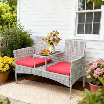 Outdoor Wicker Loveseat with Built-in Coffee Table, Patio Rattan Chair Conversation Set with Soft Cushions & Free Dust Cover for Lawn, Garden, Backyard (Grey Wicker & Red Cushions)