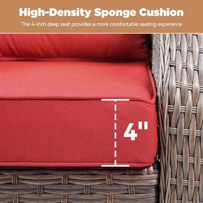 Patio Wicker Chairs Swivel Rocker-Outdoor Swivel Rocker Chair Set of 4 with All Weather Wicker Glider Rocker Set, PE Rattan Swivel Rocking Chair with 2 Side Table for Balcony Deck Porch Brown/Red