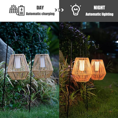 YAKii 2 Pack Solar Flame Lantern Hanging Waterproof Outdoor Handmade Solar Lamp with Dancing Flickering Flame Plastic Rattan Bohemian Style Decoration for Garden Yard Patio Porch Trees Pathway Decor