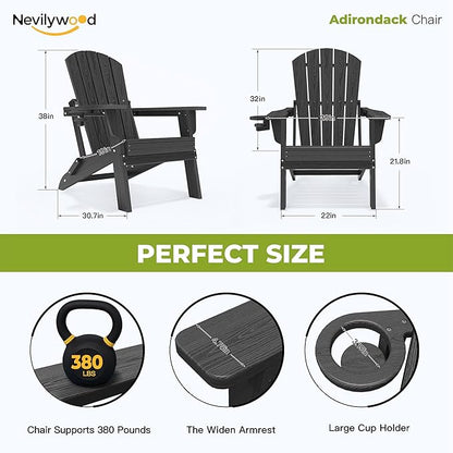 nevilywood Folding Adirondack Chair, Ergonomic Extended Backrest, HDPE All-Weather, 380lbs Capacity, Maintenance-Free, Cup Holder, （Black）- Outdoor Patio & Firepit Chair