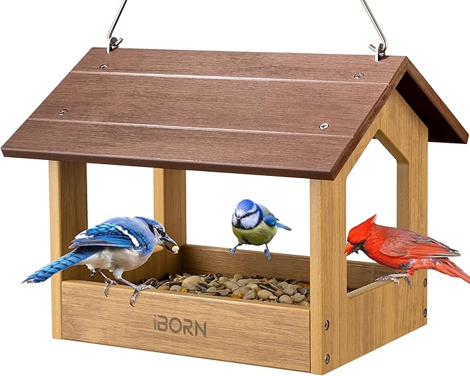 iBorn Pavilion Bird Feeder, Covered Platform Bird Feeder for Outdoors Hanging, WPC Recycled Plastic & Waterproof, Coffee