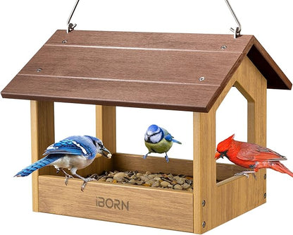 iBorn Pavilion Bird Feeder, Covered Platform Bird Feeder for Outdoors Hanging, WPC Recycled Plastic & Waterproof, Coffee