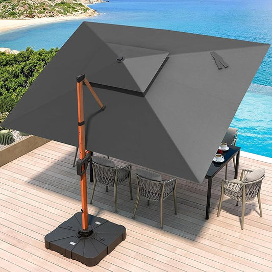 JZAC & QZYD 10 X 13 FT Patio Umbrella with Base, Outdoor Cantilever Offset Rectangle Heavy Duty Umbrellas with 360° Rotation Double Top and Deluxe Wood Grain for Pool Deck Backyard Garden, Gray