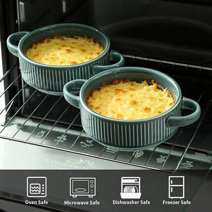 Soup Bowls with Handles, 23 oz French Onion Soup Crocks, Stackable Soup Bowl Oven Safe for Chili, Beef Stew, Embossment Ceramic Bowl Set - 5.4 Inch, Set of 4,Light blue