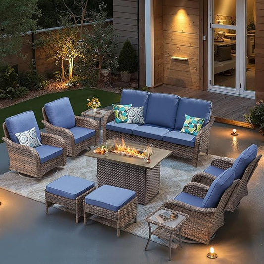 10 Pieces Patio Furniture Set with 42.5" Fire Pit Table-All Weather Wicker Outdoor Furniture with High Back Swivel Patio Chairs Set of 2 Outdoor Couch for Deck Balcony Backyard Brown/Blue