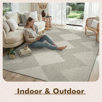 MontVoo-Outdoor Rug Carpet Patio Rug 4x6 ft Polypropylene Indoor Outdoor Rugs for Patio Deck Balcony Porch, Textured Weave, Durable for High Traffic, Fade-Resistant, Boho Geometric Silver Grey