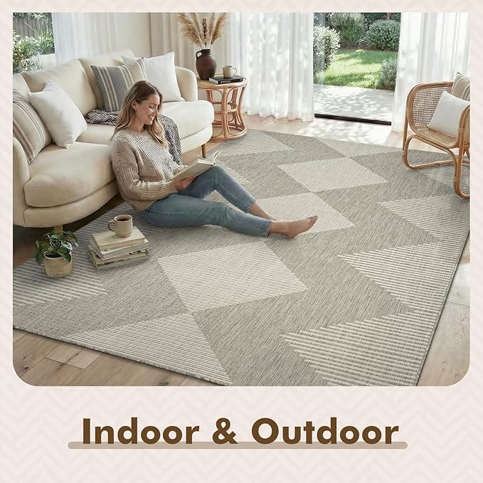 MontVoo-Outdoor Rug Carpet Patio Rug 5x7 ft Polypropylene Indoor Outdoor Rugs for Patio Deck Balcony Porch, Textured Weave, Durable for High Traffic, Fade-Resistant, Boho Geometric Silver Grey