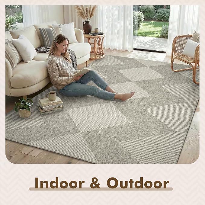 MontVoo-Outdoor Rug Carpet Patio Rug 6x9 Polypropylene Indoor Outdoor Rugs for Patio Deck Balcony Porch, Textured Weave, Durable for High Traffic, Fade-Resistant, Boho Geometric Silver Grey