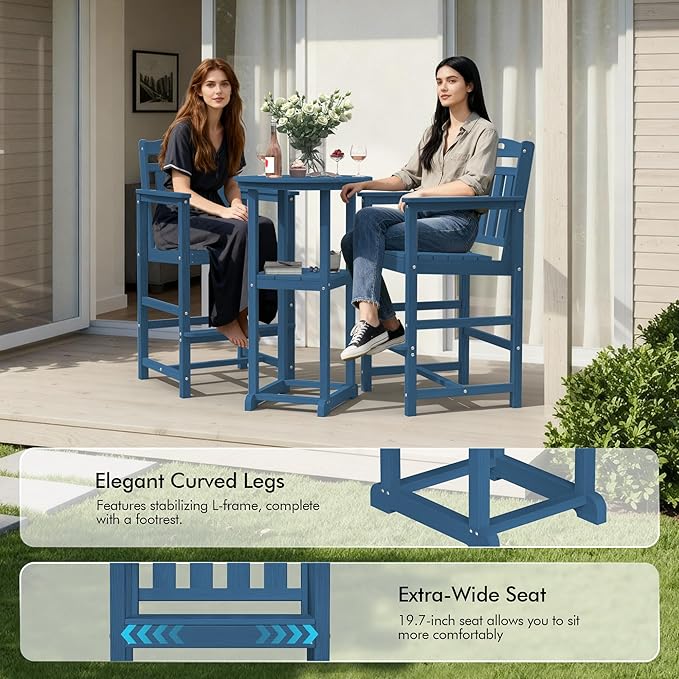 Ciokea Balcony Chairs and Table 3 Pieces Set, Outdoor High Top Bar Set, HDPE Oversized Adirondack Bar Chairs Set of 2 and Round Table for Outside Dining Bistro Poolside Backyard, Navy Blue