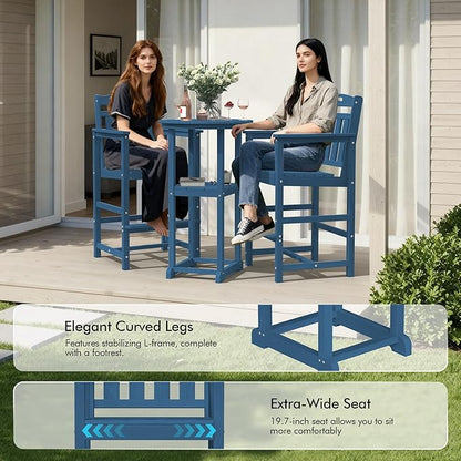 Ciokea Balcony Chairs and Table 3 Pieces Set, Outdoor High Top Bar Set, HDPE Oversized Adirondack Bar Chairs Set of 2 and Round Table for Outside Dining Bistro Poolside Backyard, Navy Blue