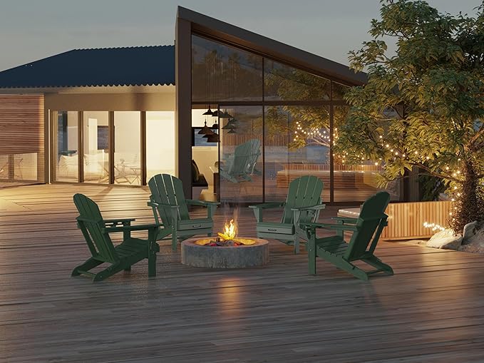 MUCHENGHY Folding Adirondack Chairs Set of 2, Patio Chairs, Lawn Chairs, Outdoor Chairs, Adirondack Chair Plastic, Fire Pit Chairs, Weather Resistant with Cup Holder for Deck, Backyard, Garden(Green)