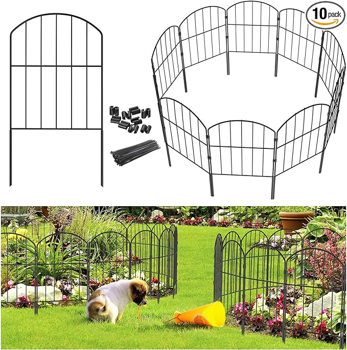 Goovilla Garden Fence, Total 10ft(L) x 24in(H) Garden Fencing Animal Barrier, 10 Pcs Rustproof Metal Fence Panels, Black No Dig Fence, Decorative Garden Fences and Borders for Dogs, Flower Bed, Patio