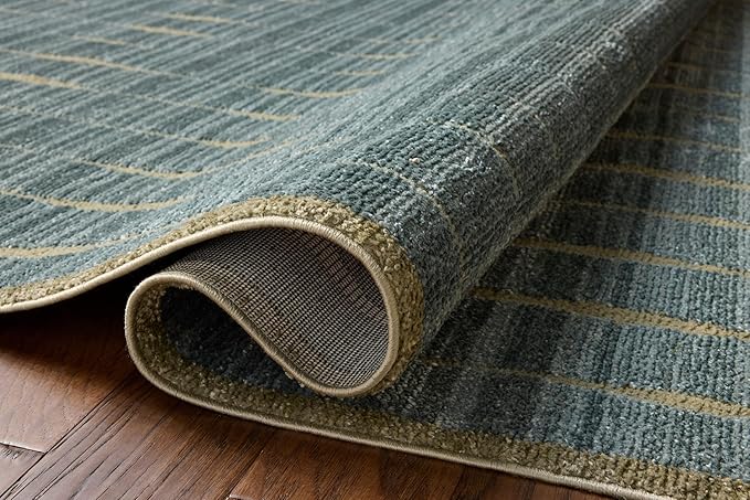 Loloi Chris Loves Julia Calvin Collection CLV-02 Ocean/Olive 2'-7" x 7'-6" Runner Rug Checkered Neutral Soft Living Room Bedroom Carpet