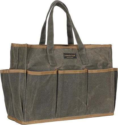 Waxed Canvas Tool Bag Tote, 14 Inch Heavy Duty Tool Organizer with 10 External Pockets & 1 Large Compartment, Army Green